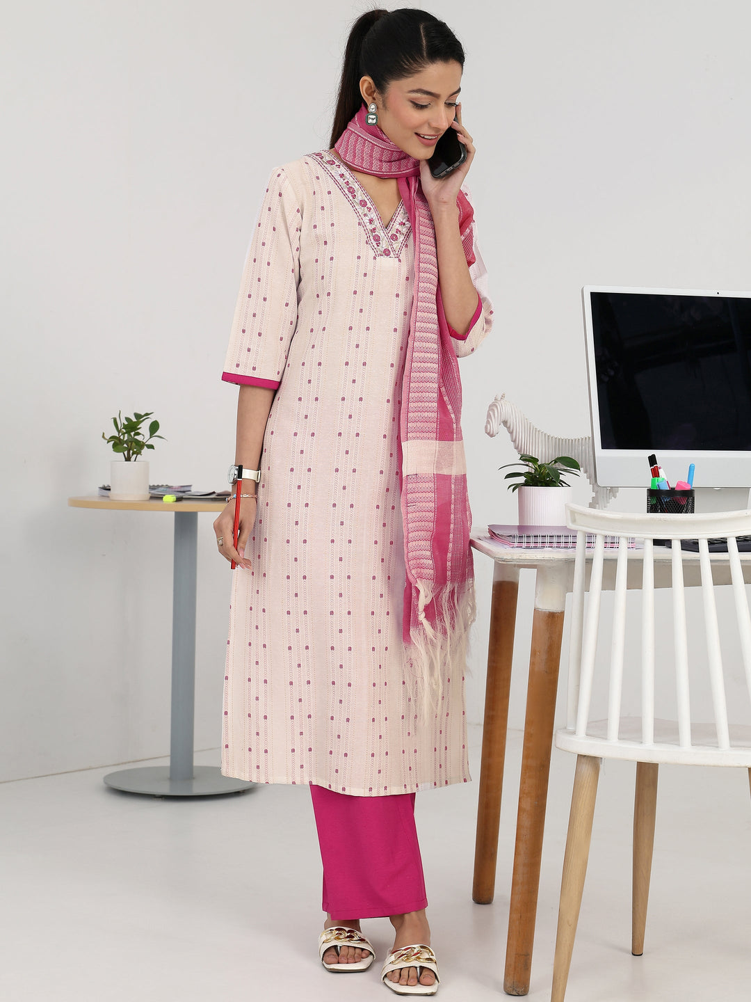 Off White Ethnic Motif Woven Design Cotton Blend Straight Suit Set With Dupatta
