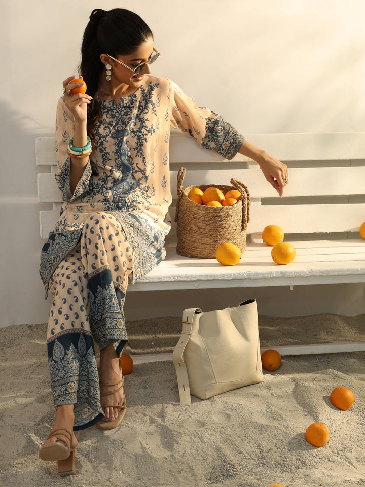 Off White Ethnic Printed Cotton Blend Co-Ord Set