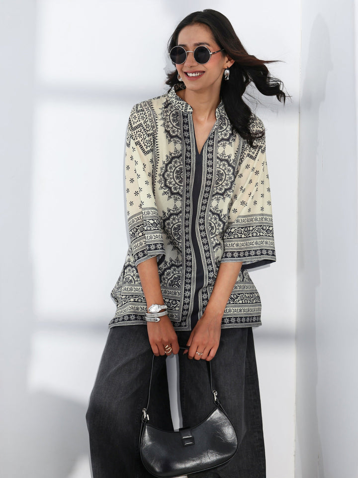 Off White Ethnic Printed Cotton Blend Straight Short Kurti