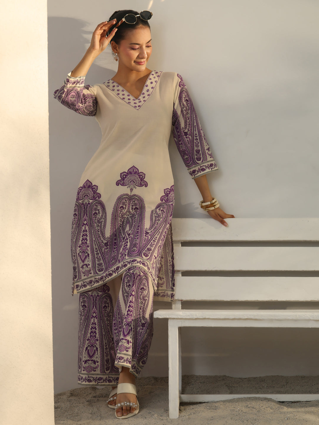 Off White Ethnic Printed Cotton Co-Ord Set