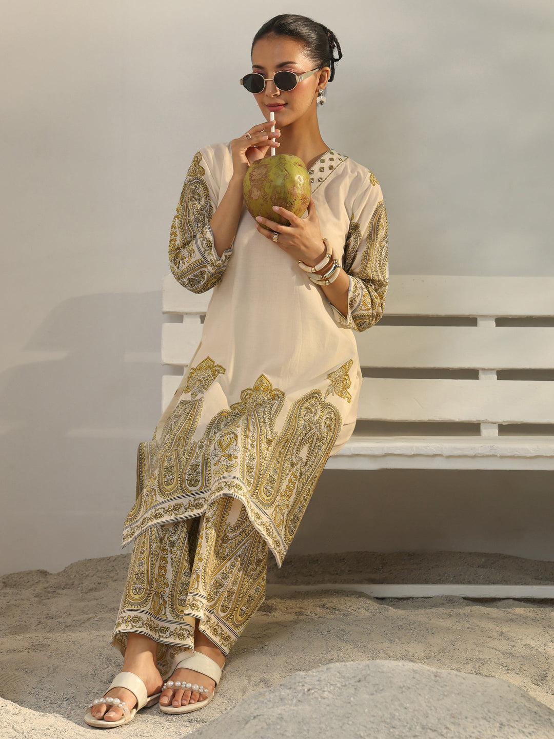 Off White Ethnic Printed Cotton Co-Ord Set
