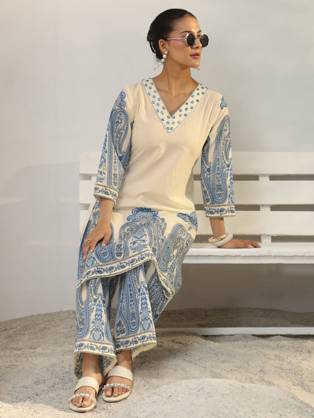 Off White Ethnic Printed Cotton Co-Ord Set