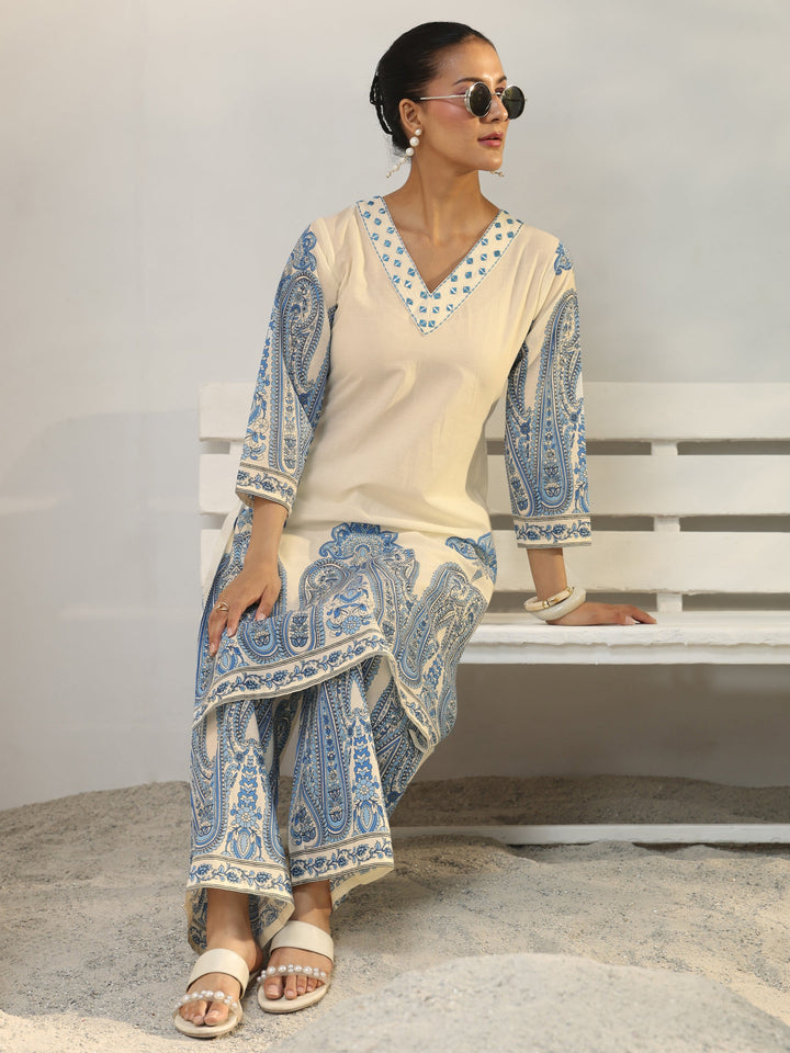 Off White Ethnic Printed Cotton Co-Ord Set