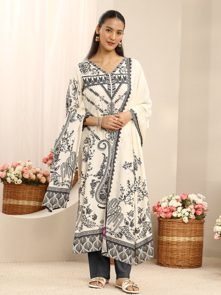 Off White Ethnic Printed Muslin Straight Suit Set With Dupatta