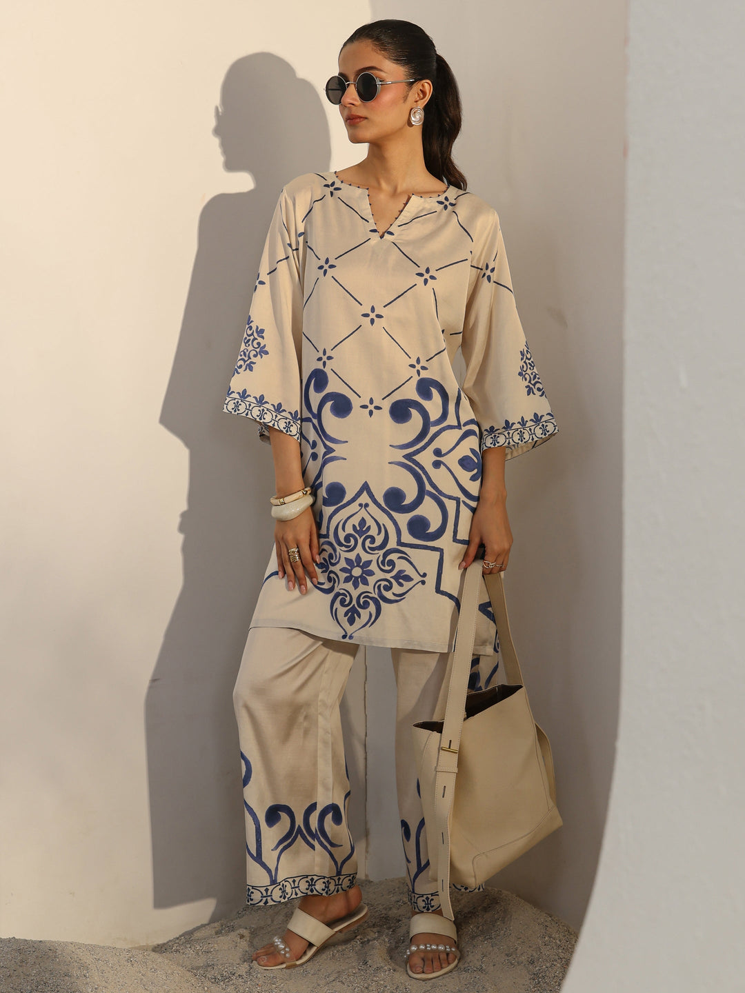 Off White Ethnic Printed Viscose Co-Ord Set
