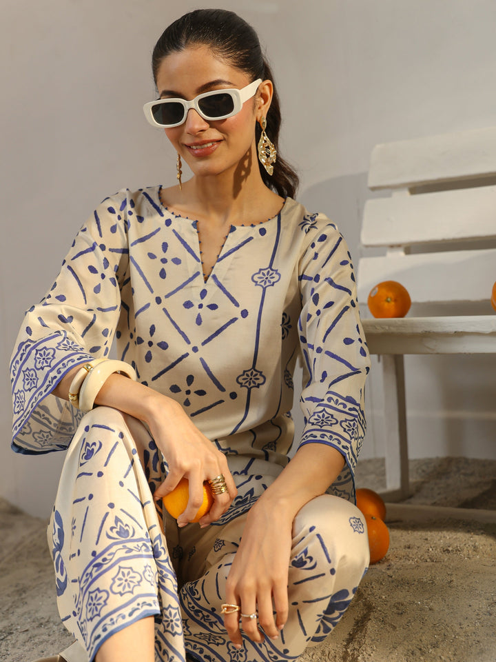 Off White Ethnic Printed Viscose Co-Ord Set