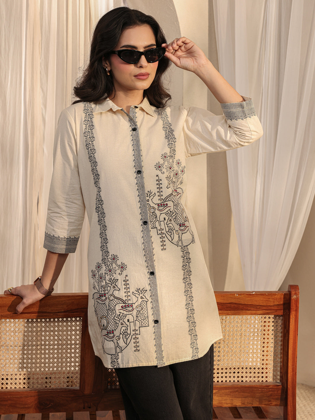 Off White Ethnic Woven Design Cotton Shirt