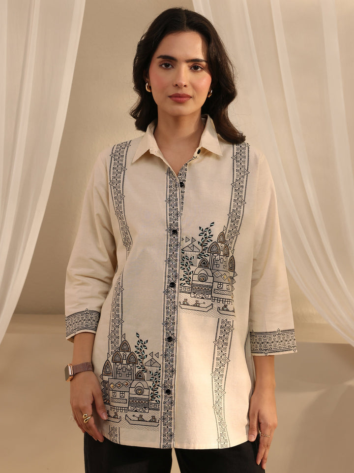 Off White Ethnic Woven Design Cotton Shirt