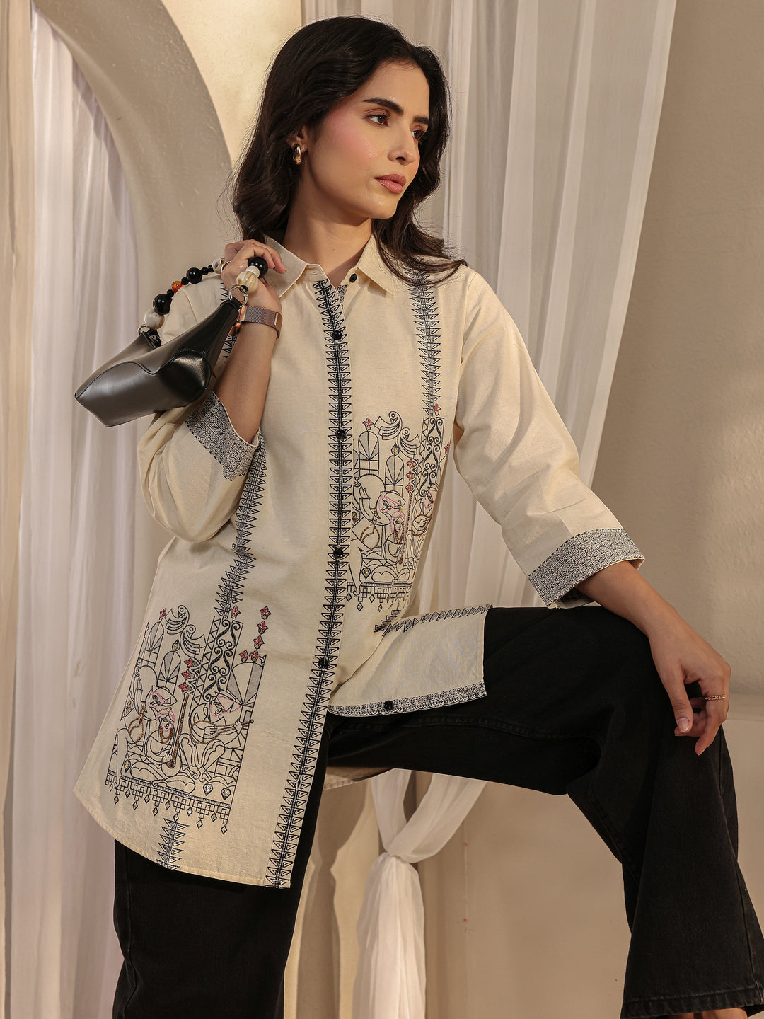 Off White Ethnic Woven Design Cotton Shirt