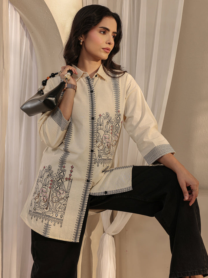 Off White Ethnic Woven Design Cotton Shirt