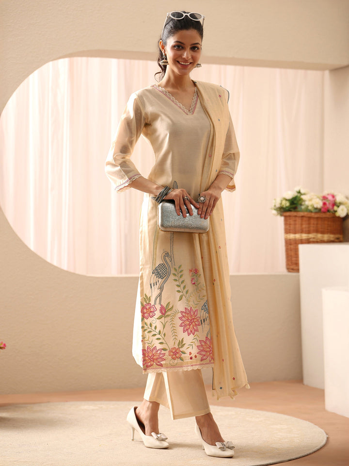 Off White Floral Embroidered Chanderi Silk Straight Suit Set