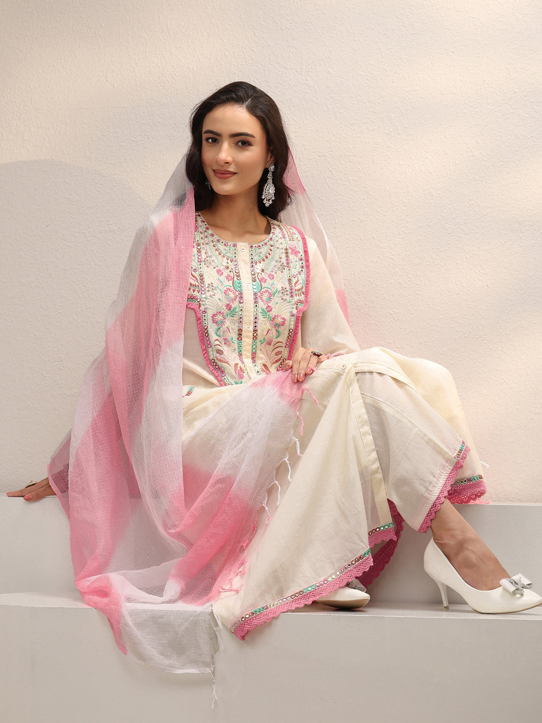 Off White Floral Embroidered Cotton A-Line Suit Set With Dupatta