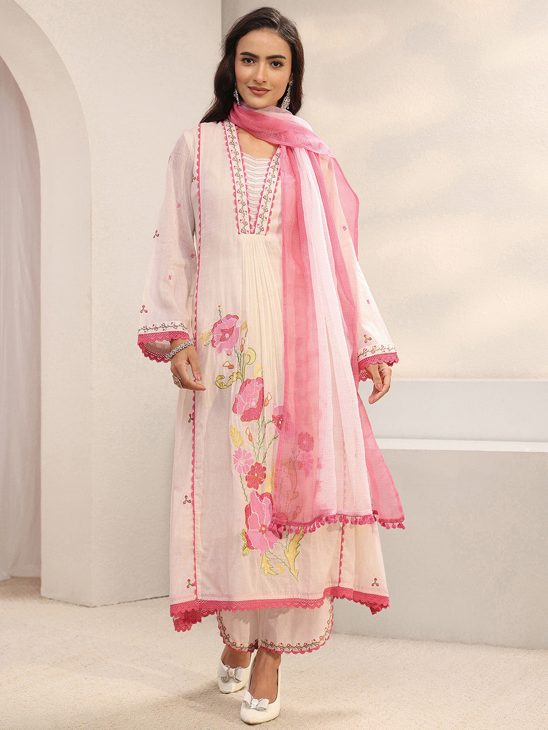Off White Floral Embroidered Cotton Blend A-Line Suit Set With Dupatta