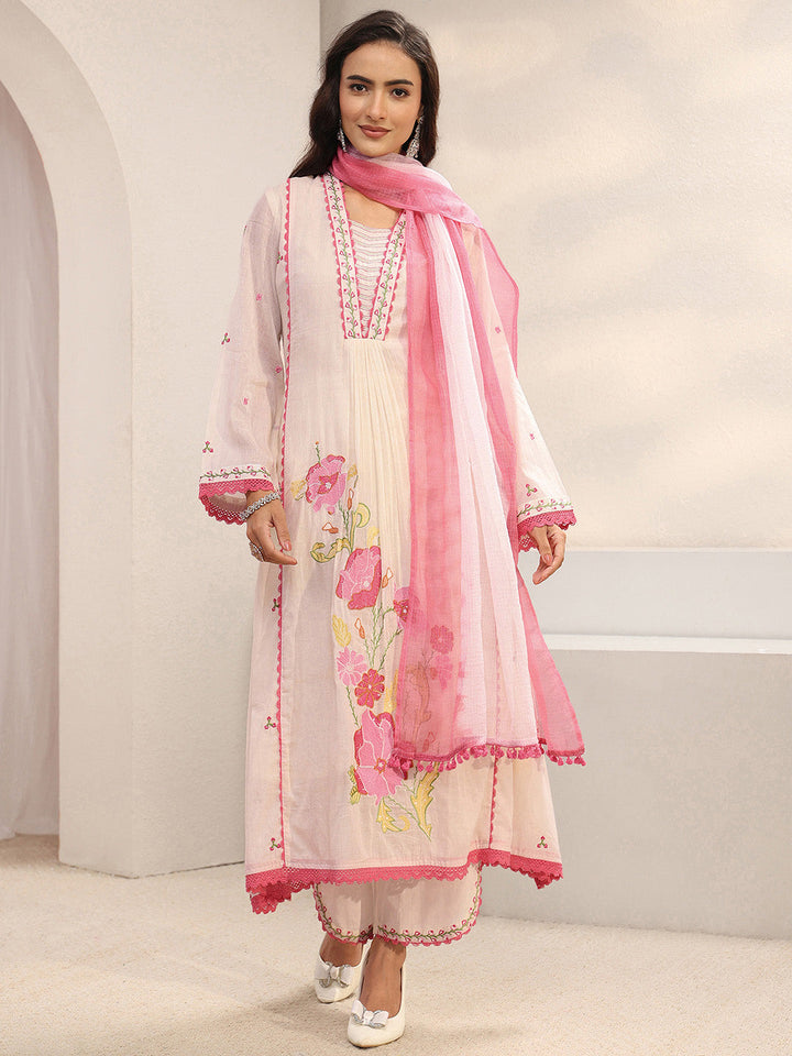 Off White Floral Embroidered Cotton Blend A-Line Suit Set With Dupatta