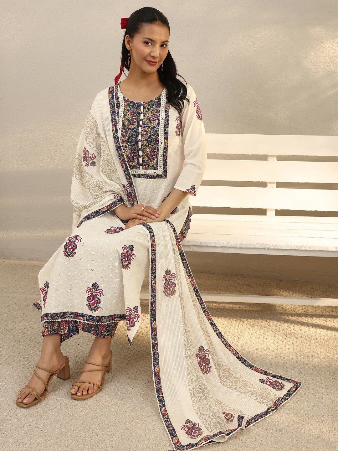 Off White Floral Embroidered Cotton Straight Suit Set