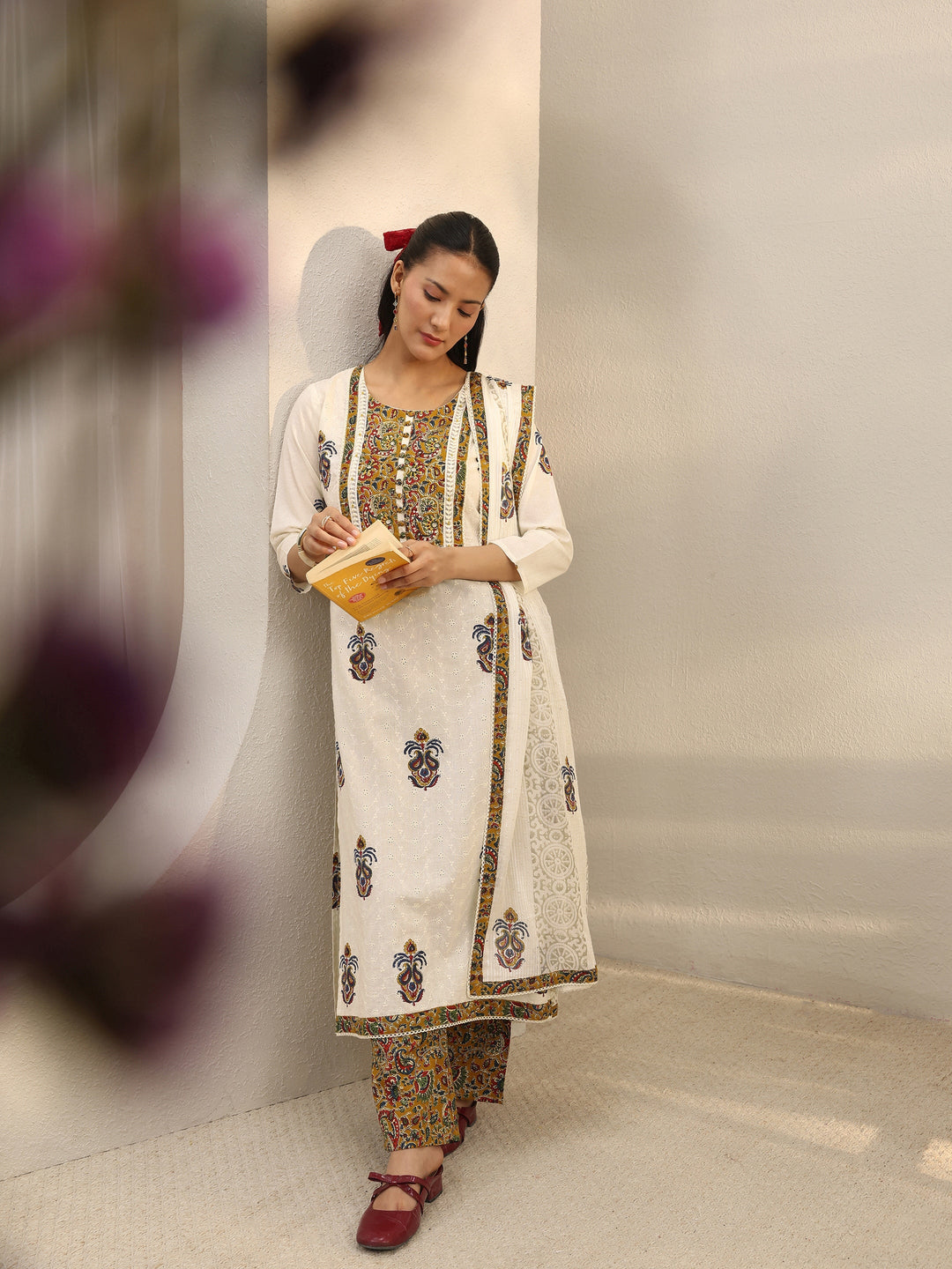 Off White Floral Embroidered Cotton Straight Suit Set