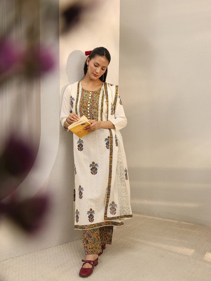 Off White Floral Embroidered Cotton Straight Suit Set