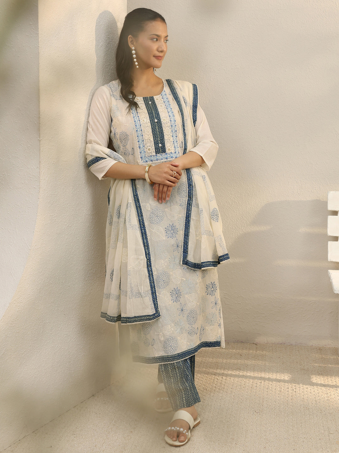 Off White Floral Embroidered Cotton Straight Suit Set