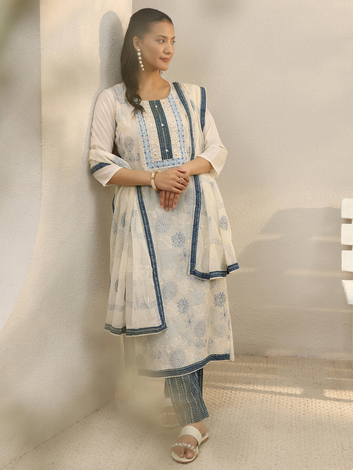 Off White Floral Embroidered Cotton Straight Suit Set