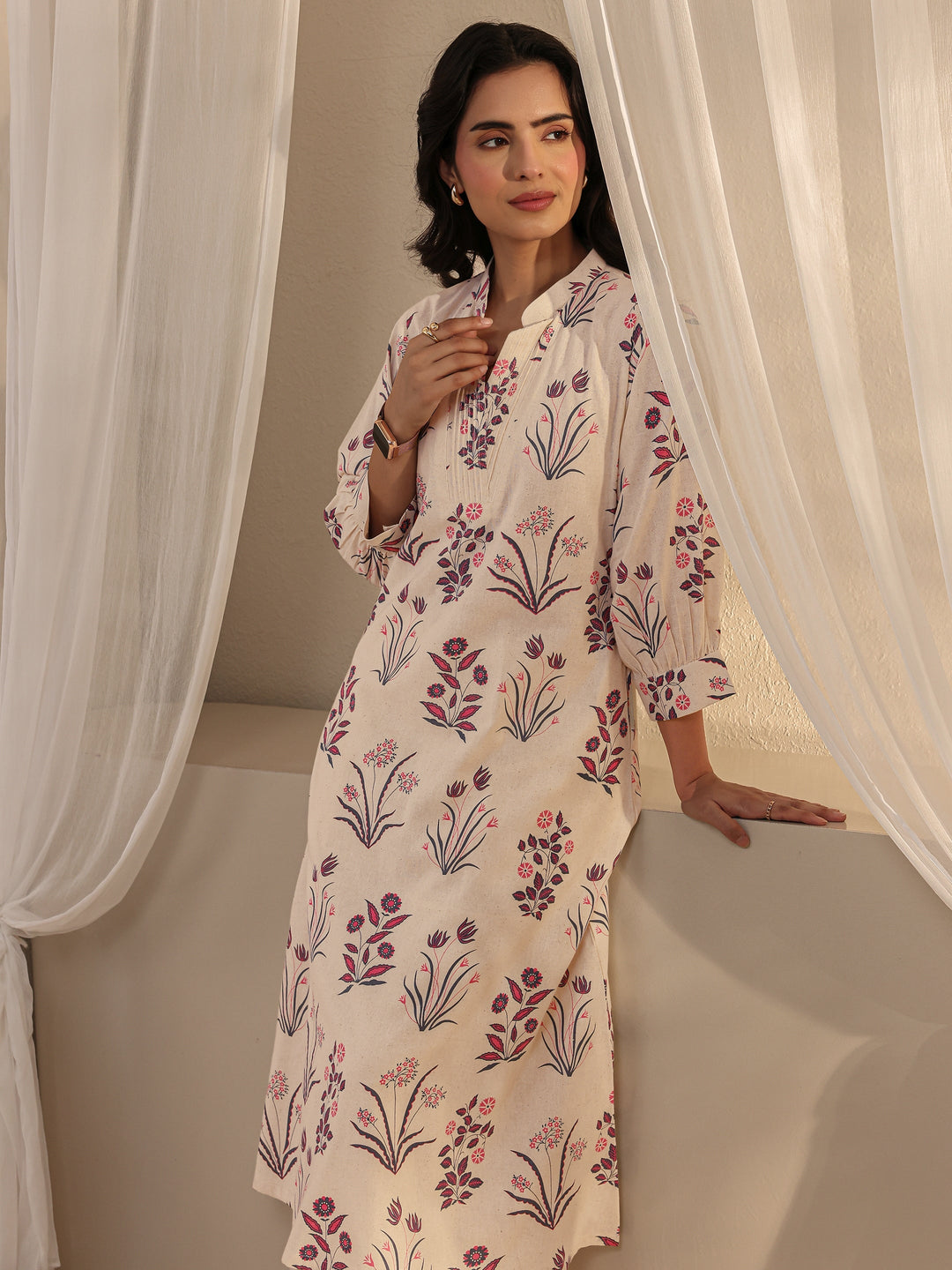 Off White Floral Printed Cotton A-Line Kurta