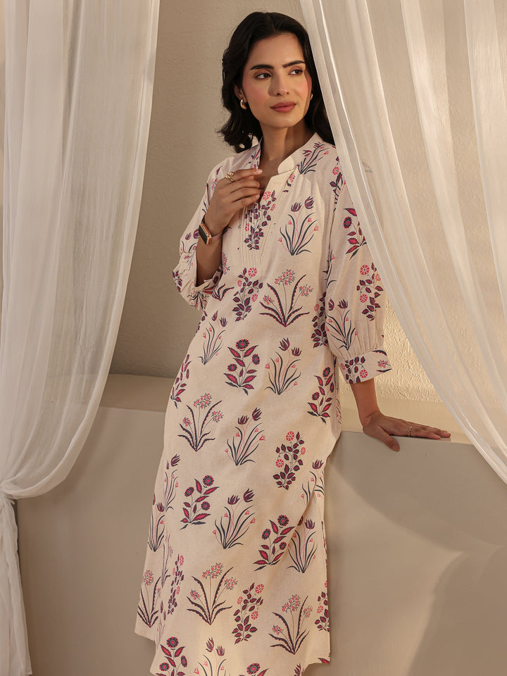 Off White Floral Printed Cotton A-Line Kurta