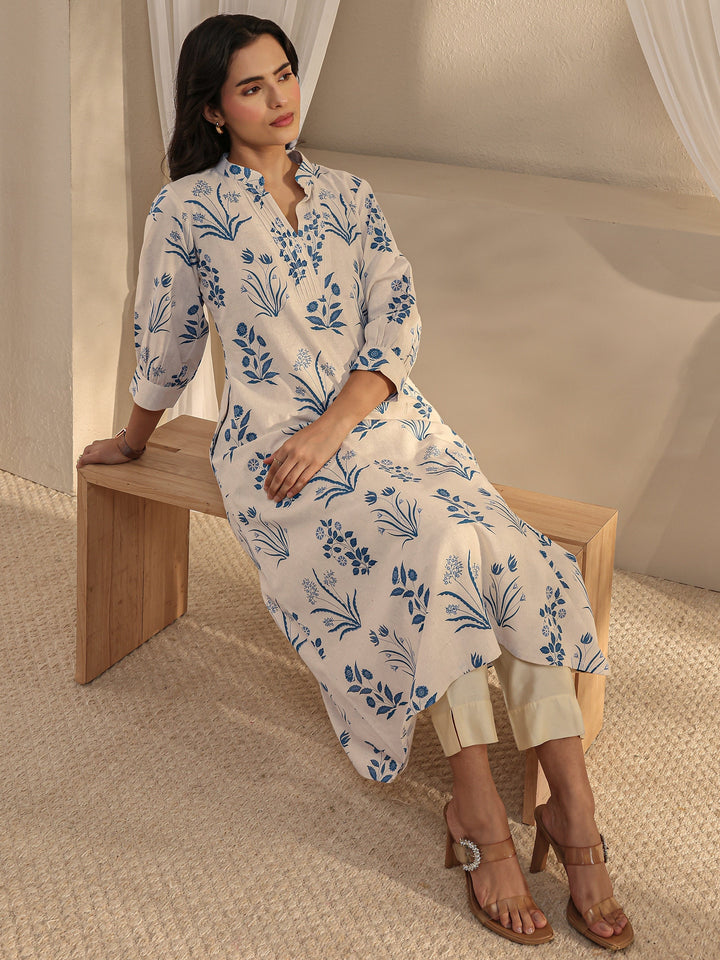 Off White Floral Printed Cotton A-Line Kurta