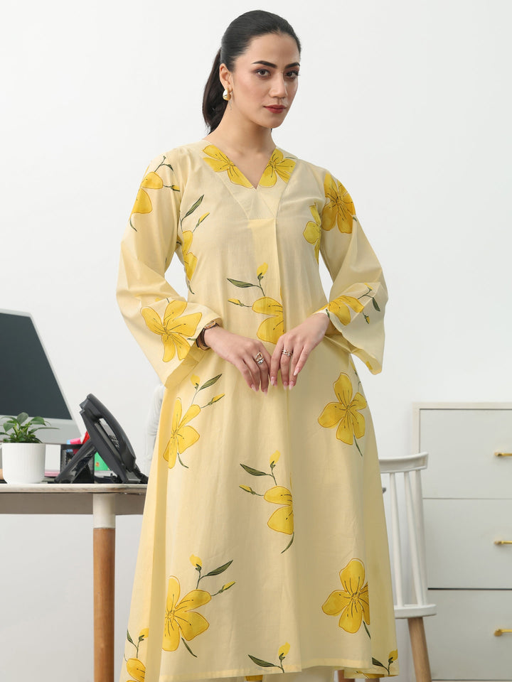 Off White Floral Printed Cotton A-Line Kurta