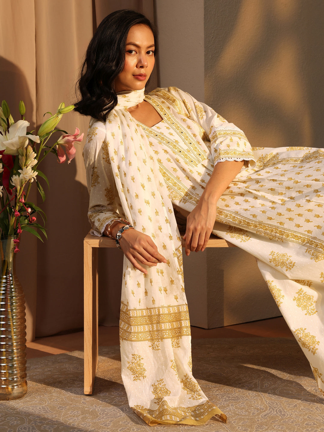 Off White Floral Printed Cotton A-Line Suit Set With Dupatta