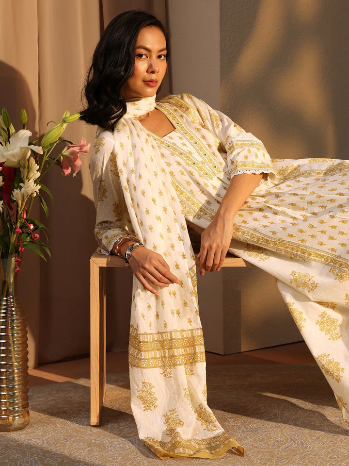 Off White Floral Printed Cotton A-Line Suit Set With Dupatta