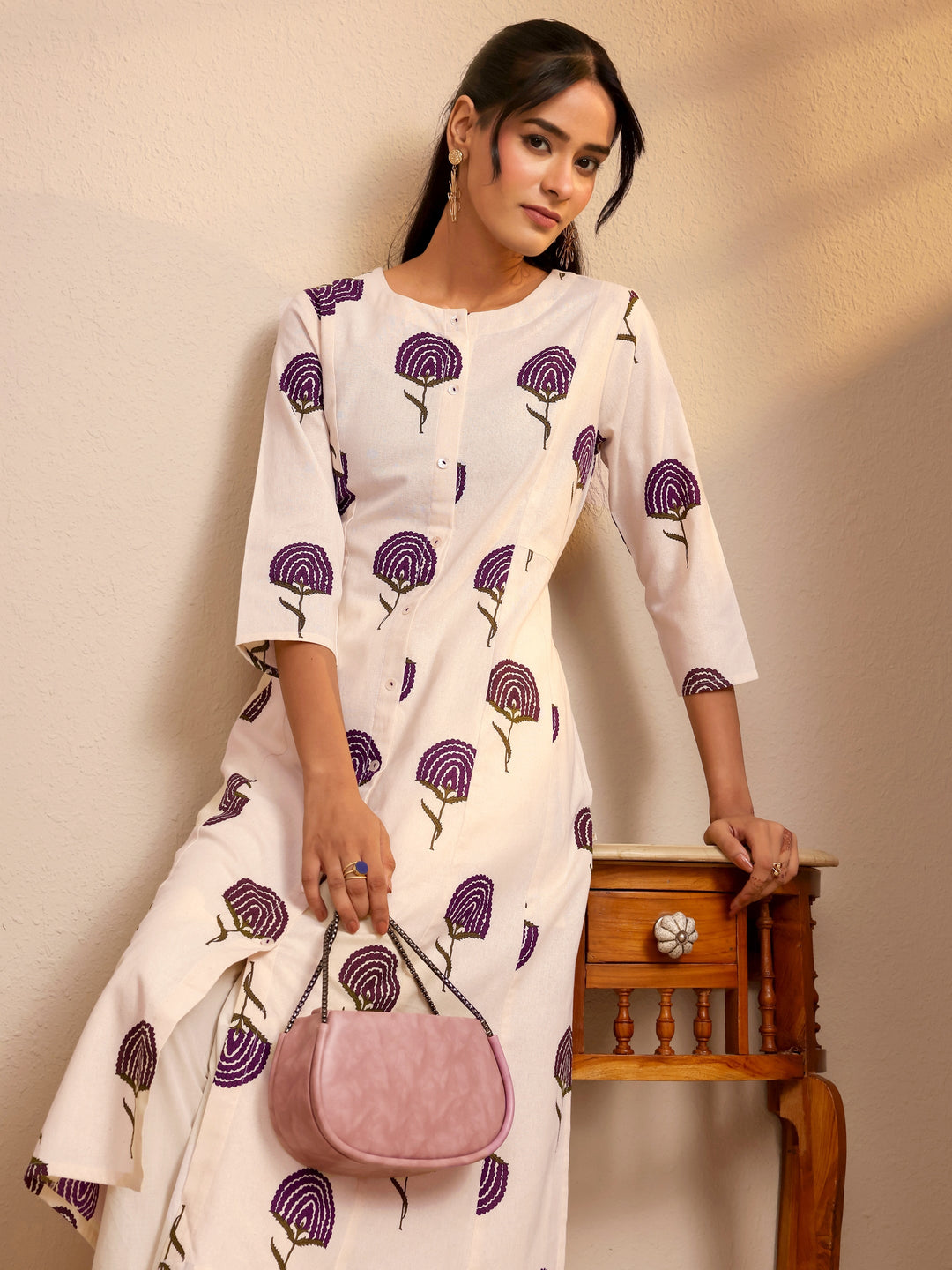 Off White Floral Printed Cotton Blend A-Line Kurta