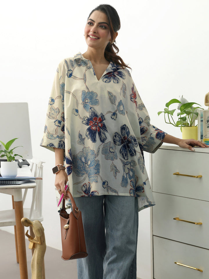 Off White Floral Printed Cotton Blend A-Line Short Kurti