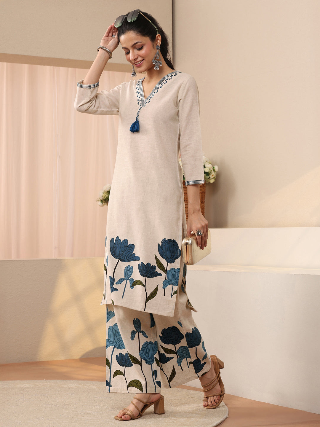 Off White Floral Printed Cotton Blend Co-Ord Set