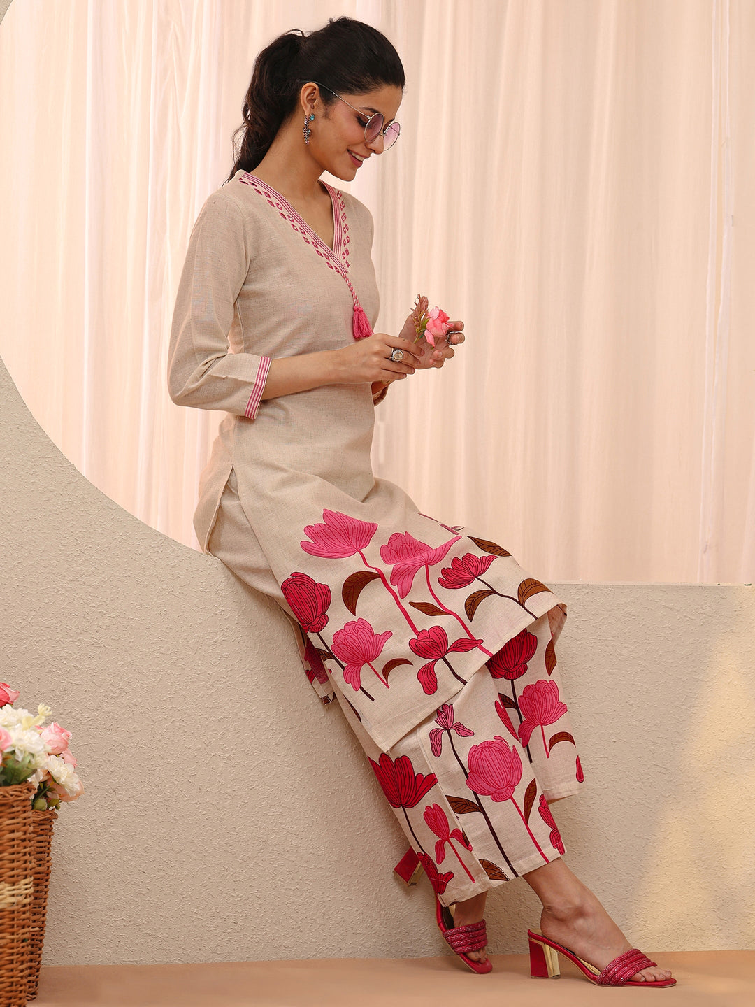 Off White Floral Printed Cotton Blend Co-Ord Set