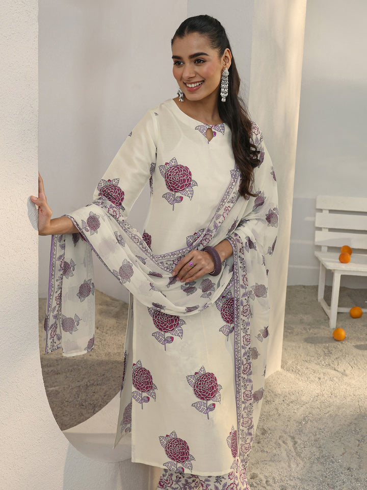 Off White Floral Printed Cotton Blend Straight Suit Set With Dupatta
