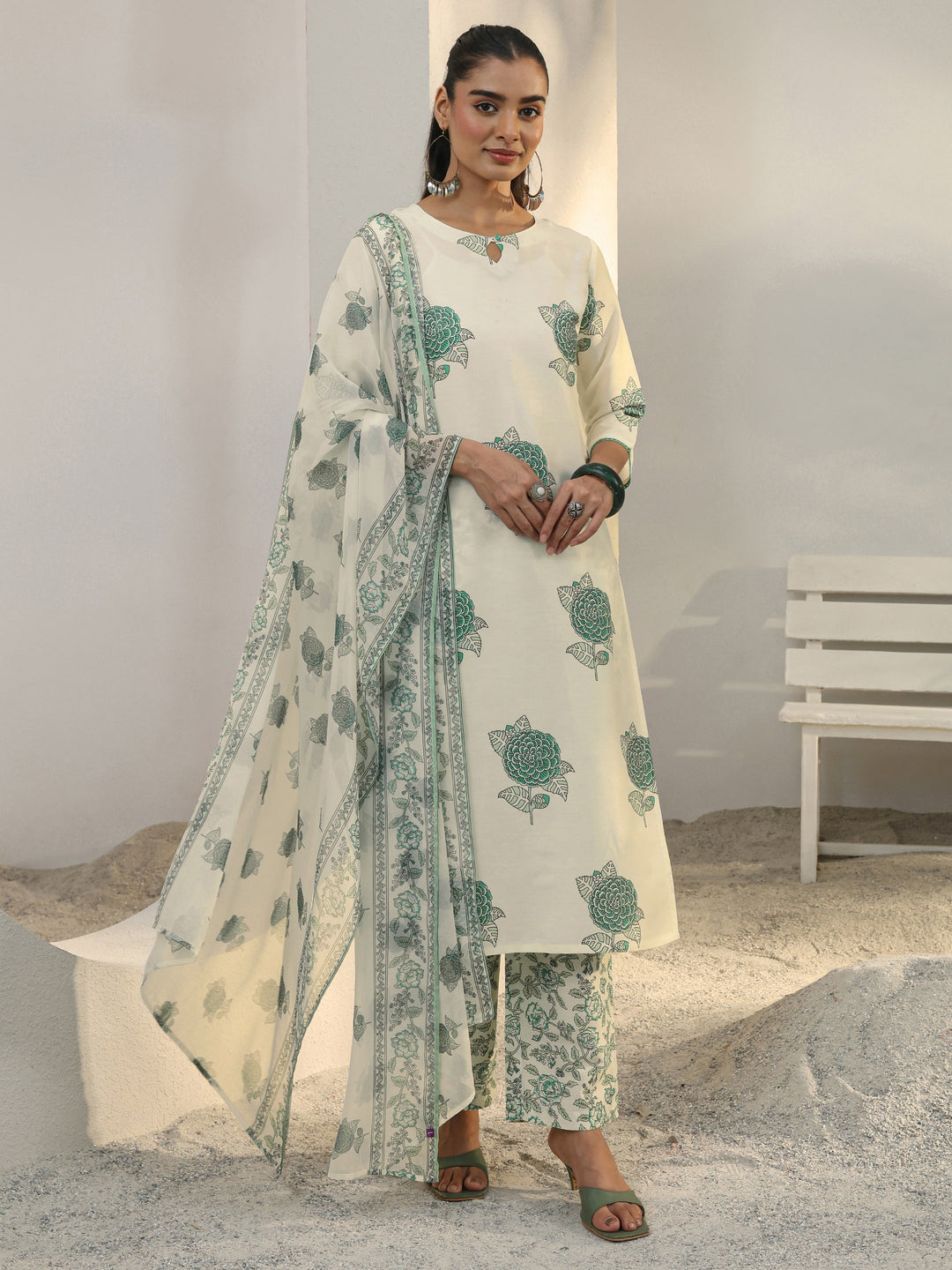 Libas Off White Floral Printed Cotton Blend Straight Suit Set With Dupatta