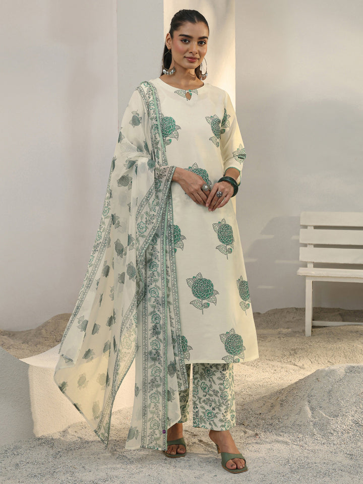 Libas Off White Floral Printed Cotton Blend Straight Suit Set With Dupatta