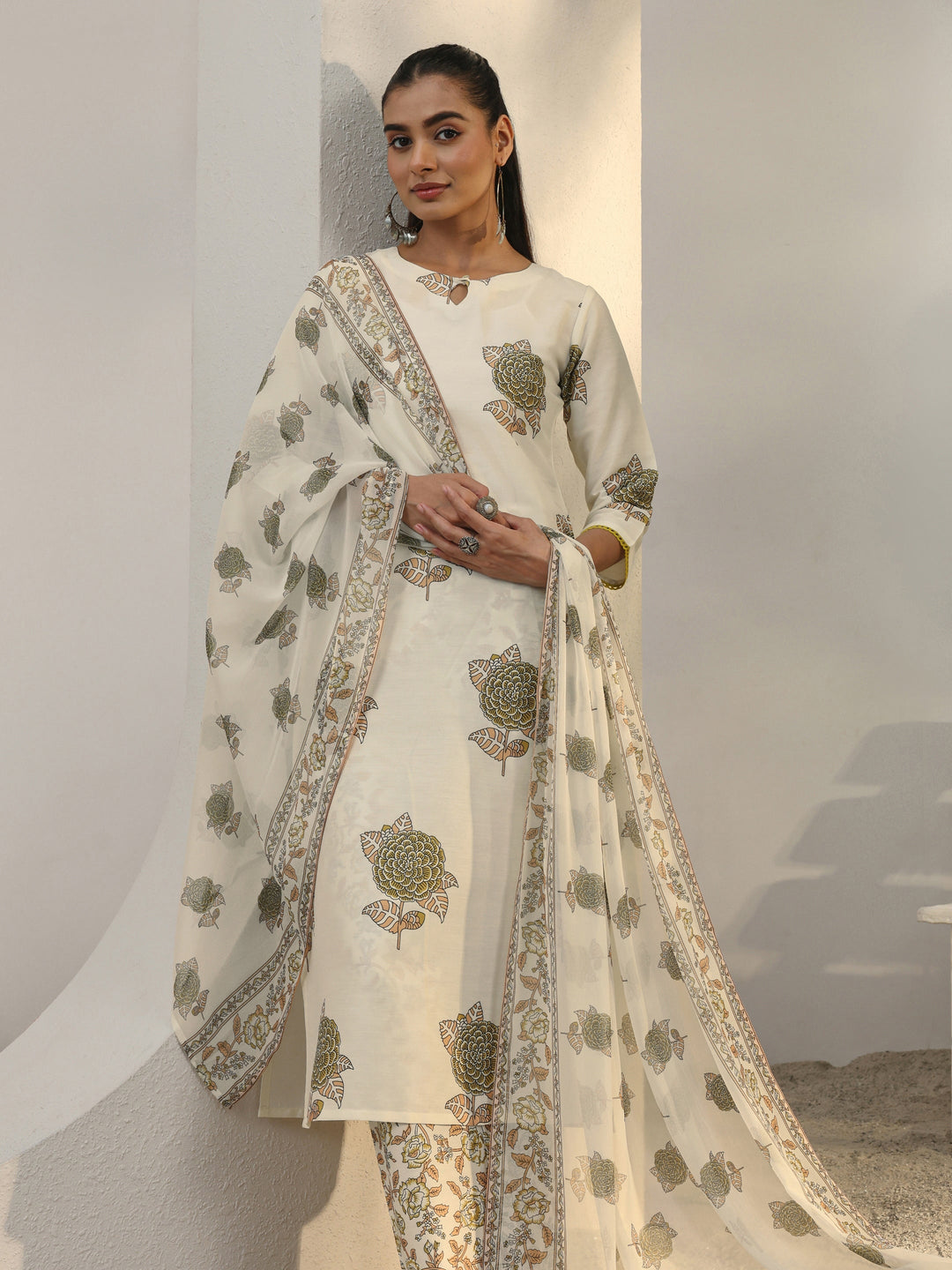 Libas Off White Floral Printed Cotton Blend Straight Suit Set With Dupatta