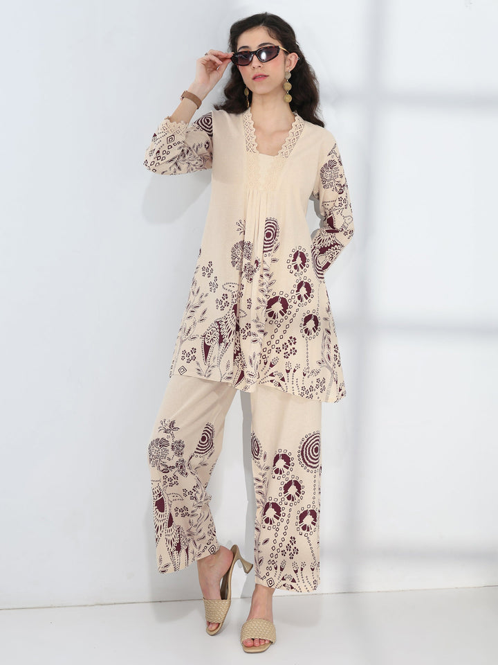 Off White Floral Printed Cotton Co-Ord Set