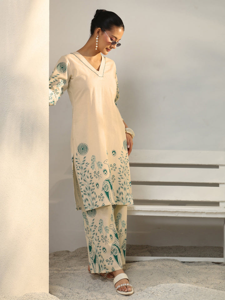 Off White Floral Printed Cotton Co-Ord Set