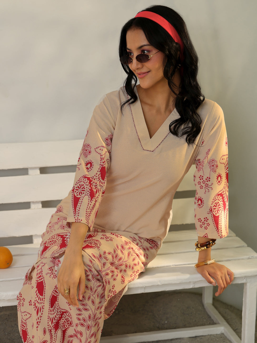 Off White Floral Printed Cotton Co-Ord Set