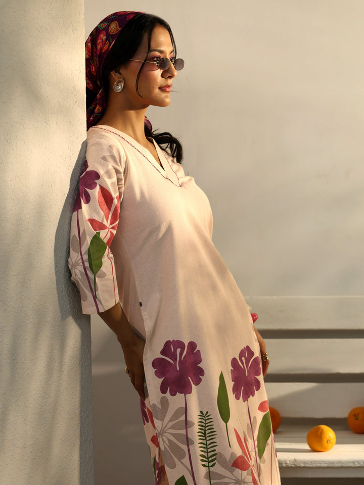 Off White Floral Printed Cotton Co-Ord Set
