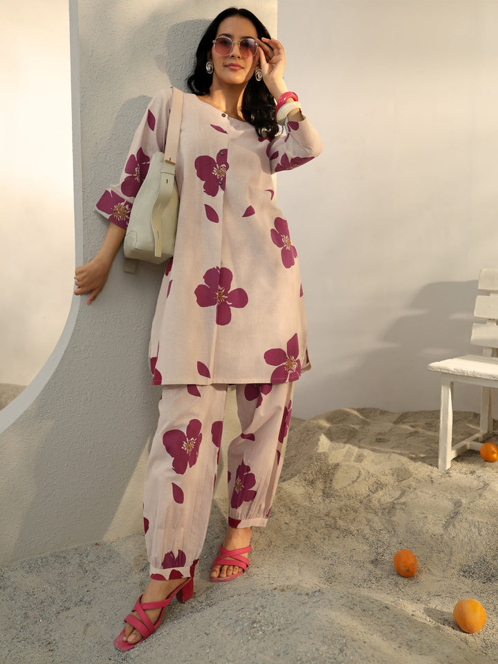 Off White Floral Printed Cotton Co-Ord Set