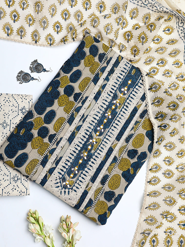 Off White Floral Printed Cotton Dress Material With Dupatta