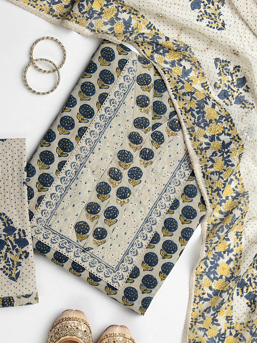 Off White Floral Printed Cotton Dress Material With Dupatta