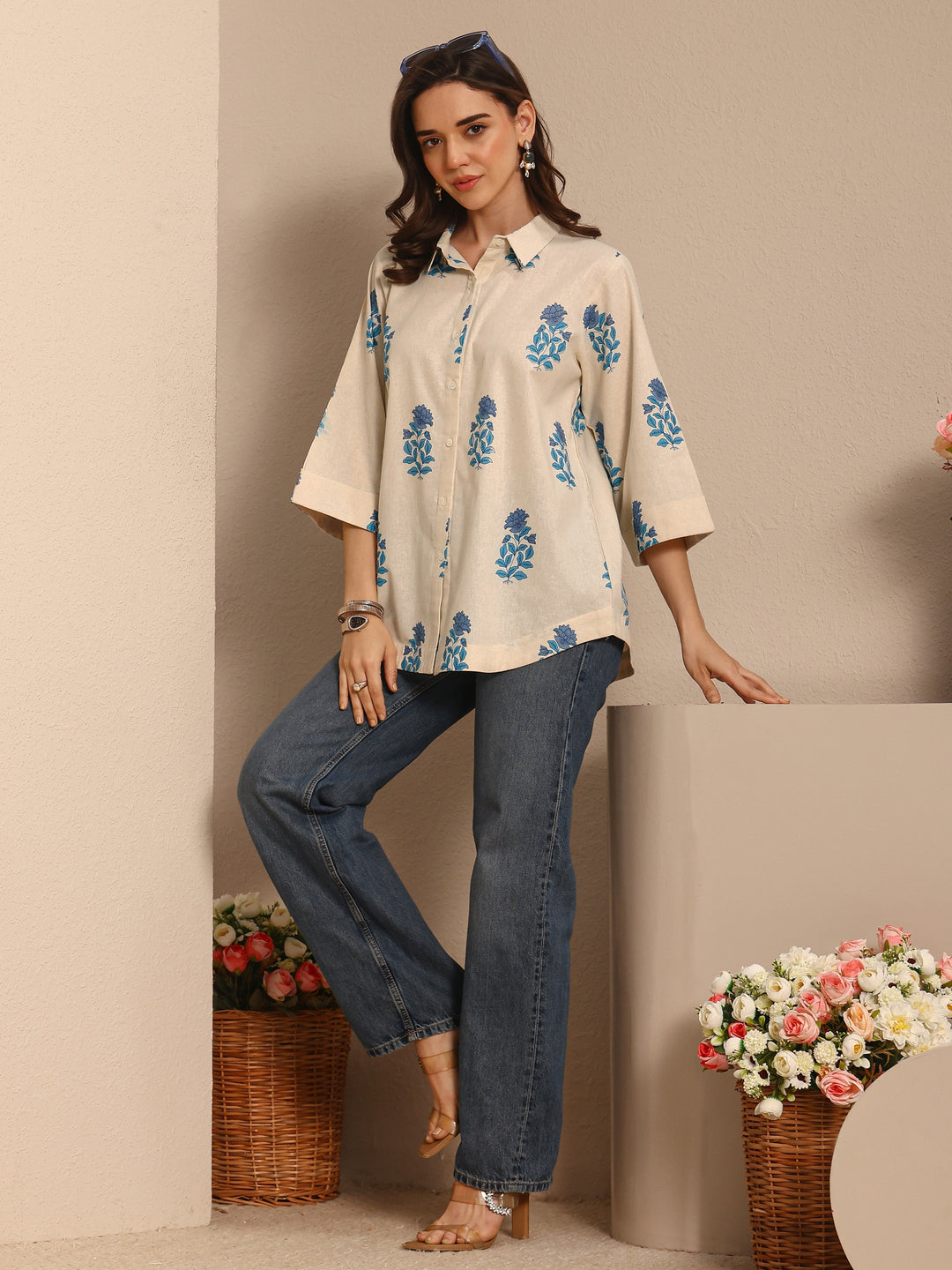 Off White Floral Printed Cotton Shirt