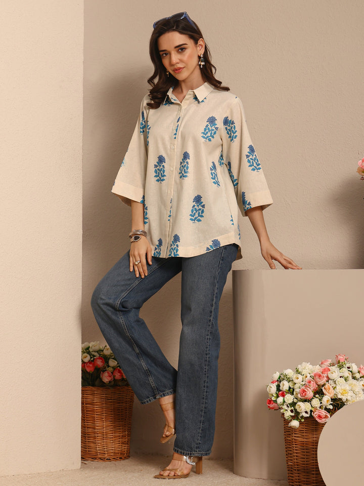 Off White Floral Printed Cotton Shirt