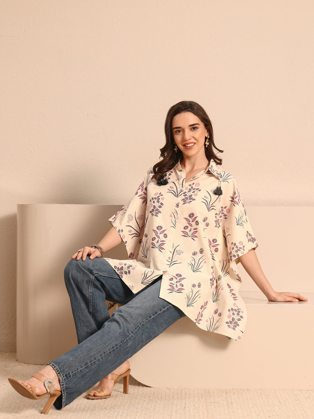 Off White Floral Printed Cotton Shirt