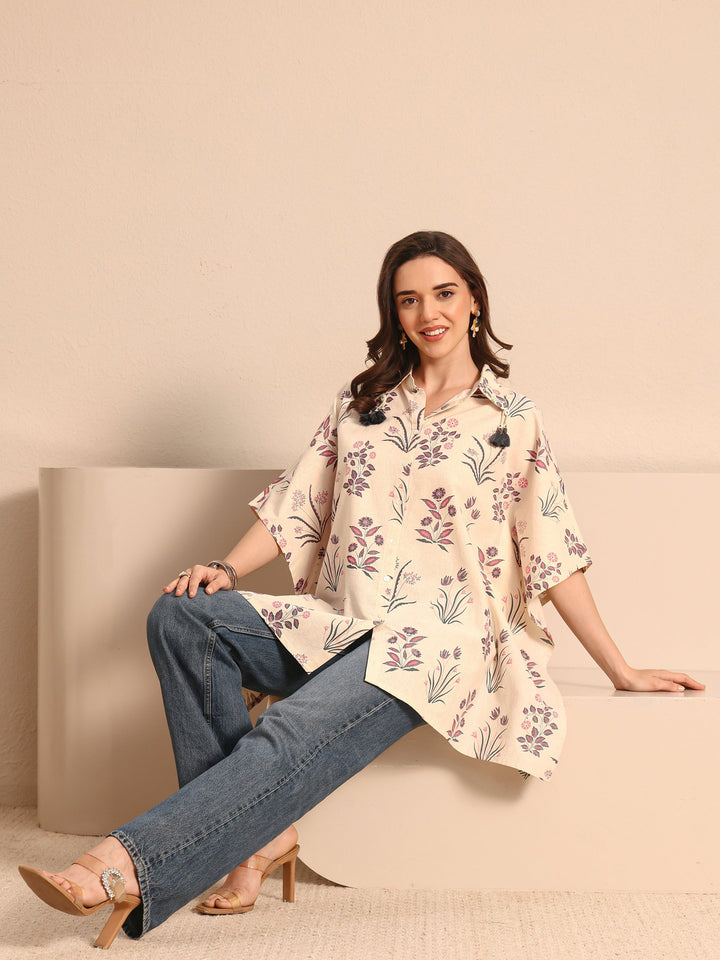Off White Floral Printed Cotton Shirt