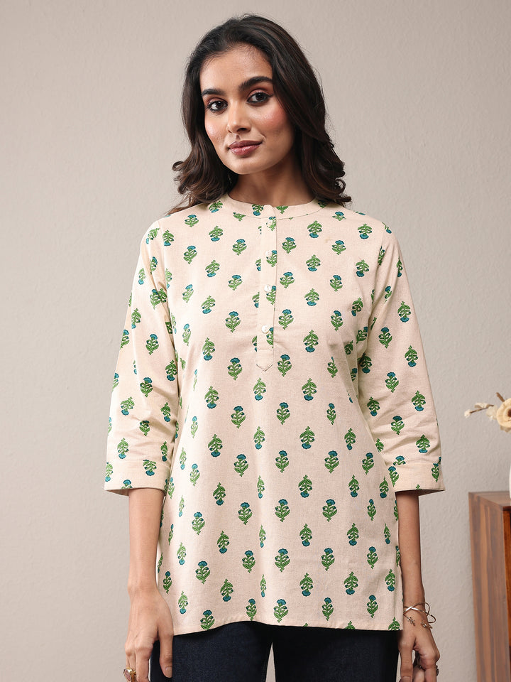 Off White Floral Printed Cotton Straight Short Kurti