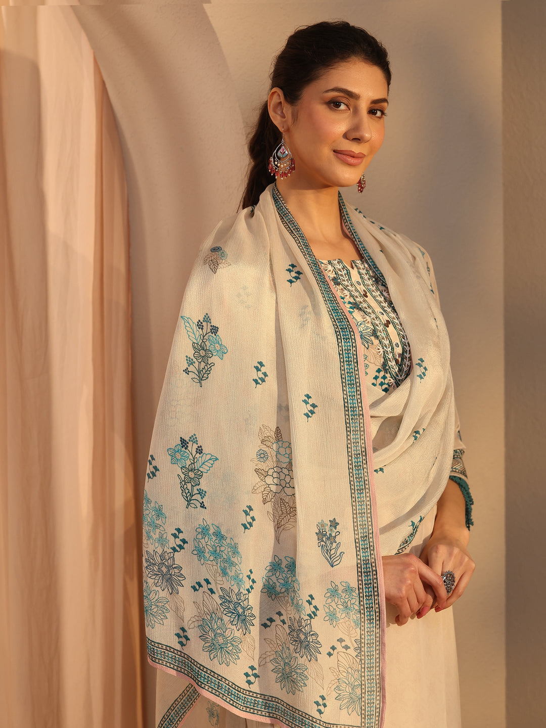 Off White Floral Printed Crepe Straight Suit Set With Dupatta